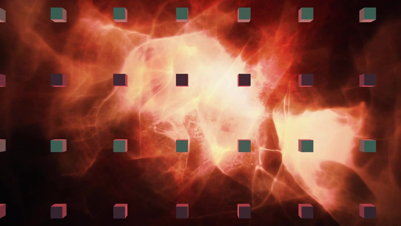 Animazione di cubi su onde e fiamme su sfondo nero