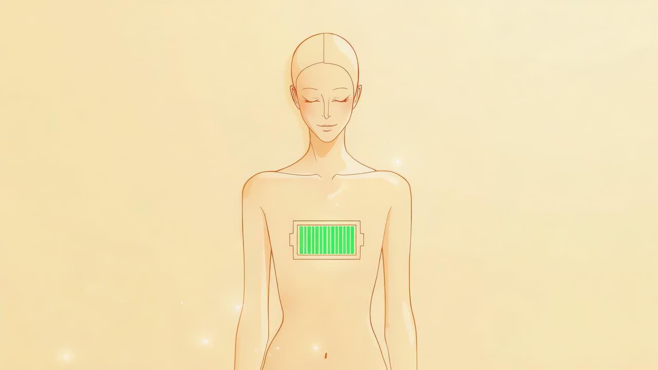 Battery icon showing, woman on beige, bare chest emitting green aura creating orb indicating charge