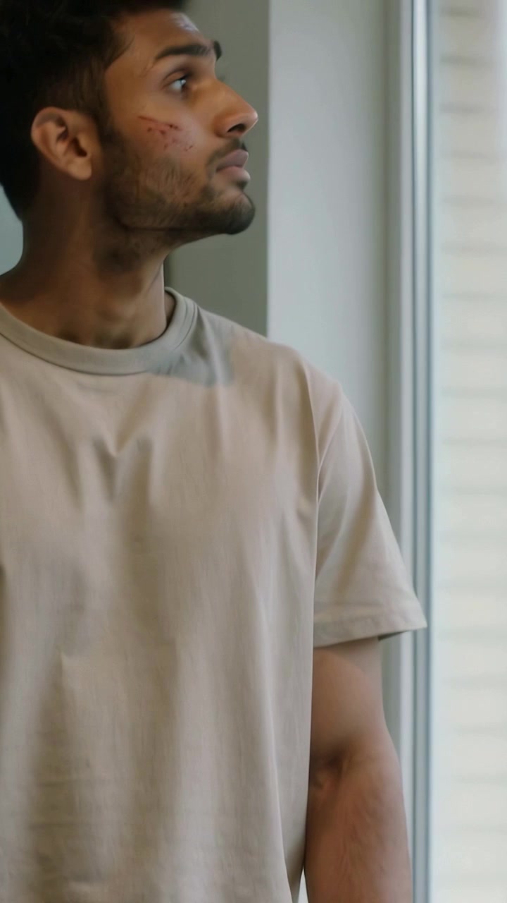 Video verticale: Telecamera che si allontana, uomo con maglietta beige che gira la testa, segni sulle guance alla scrivania dell'ufficio.