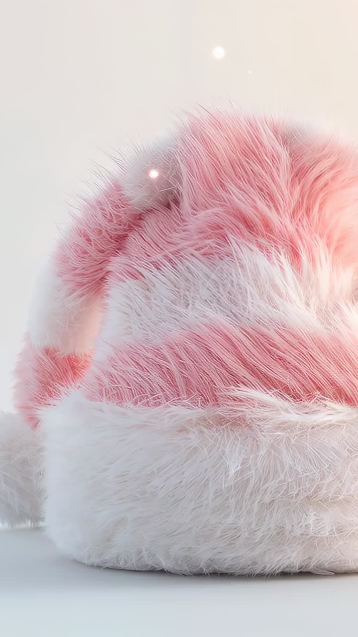 Vertical video: Rising camera revealing striped pink-white fur hat on studio table, showing pom-pom