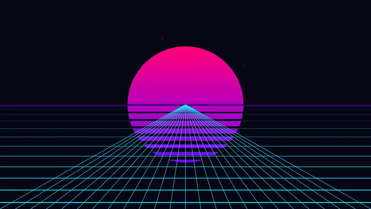 Paesaggio a griglia in stile retro synthwave con sole rosa luminoso