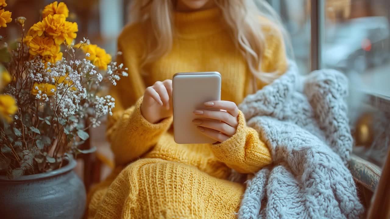 Donna che usa il telefono al chiuso con fiori e una coperta