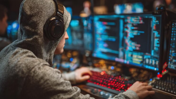 An Engrossed Programmer Works Intently on Complex Code in a Dimly Lit Environment, Surrounded by Multiple Monitors Displaying Lines of Colorful Programming Language Syntax