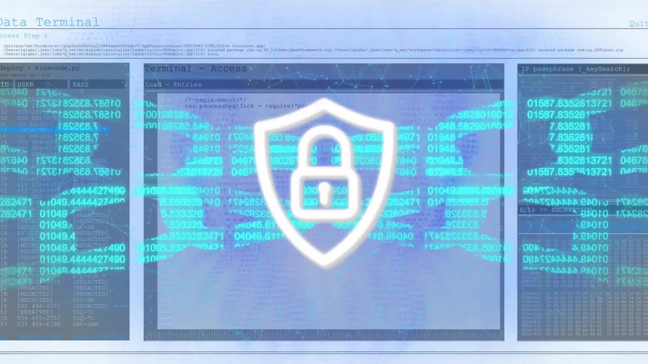 Terminale dati che mostra flussi di codice convergenti, una rete che si trasforma in scudo e lucchetto per la sicurezza dei dati.