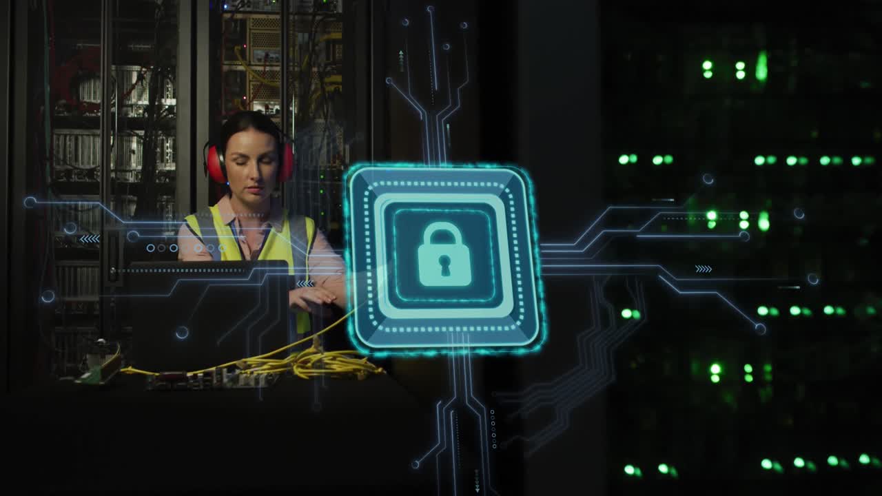 animación de procesamiento de datos y candado sobre ingeniera informática caucásica y servidores informáticos