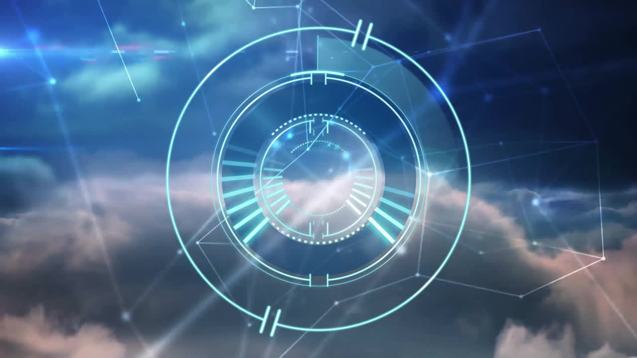 Animation of futuristic digital interface with circular patterns in cloudy sky