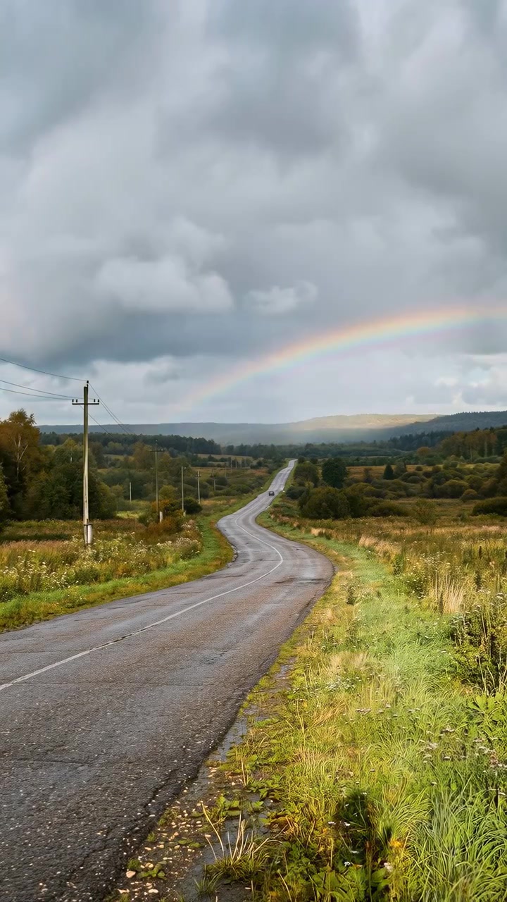 Strada di campagna bagnata a due corsie si snoda attraverso colline rurali sotto pesanti nuvole temporalesche, con un debole arco di arcobaleno, erba a bordo strada, alberi, orizzonte lontano e una luce naturale suggestiva.
