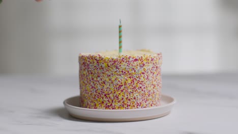 Studio-Shot-Birthday-Cake-Covered-With-Decorations-And-Single-Candle-Being-Lit-4