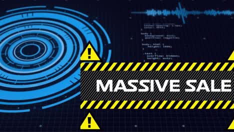 Massive sale text banner against round scanner and data processing on blue background