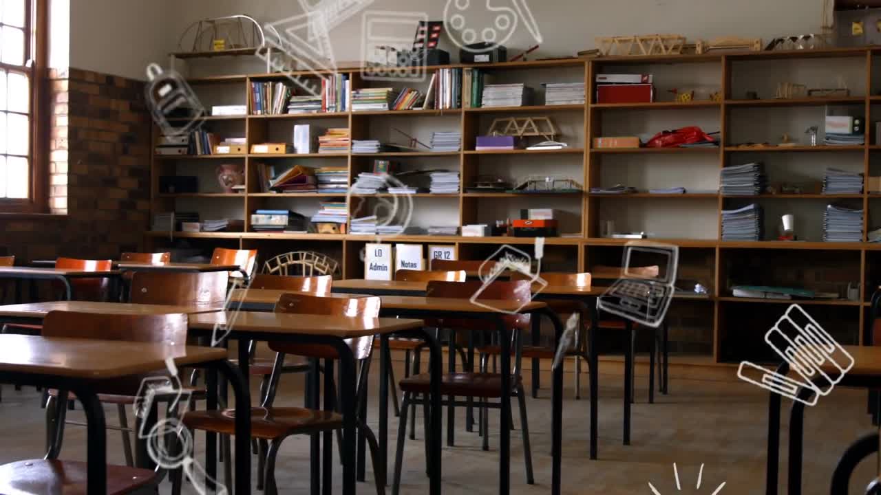 빈 학교 교실에 떠다니는 학교 개념 아이콘의 그림의 디지털 애니메이션 비디오