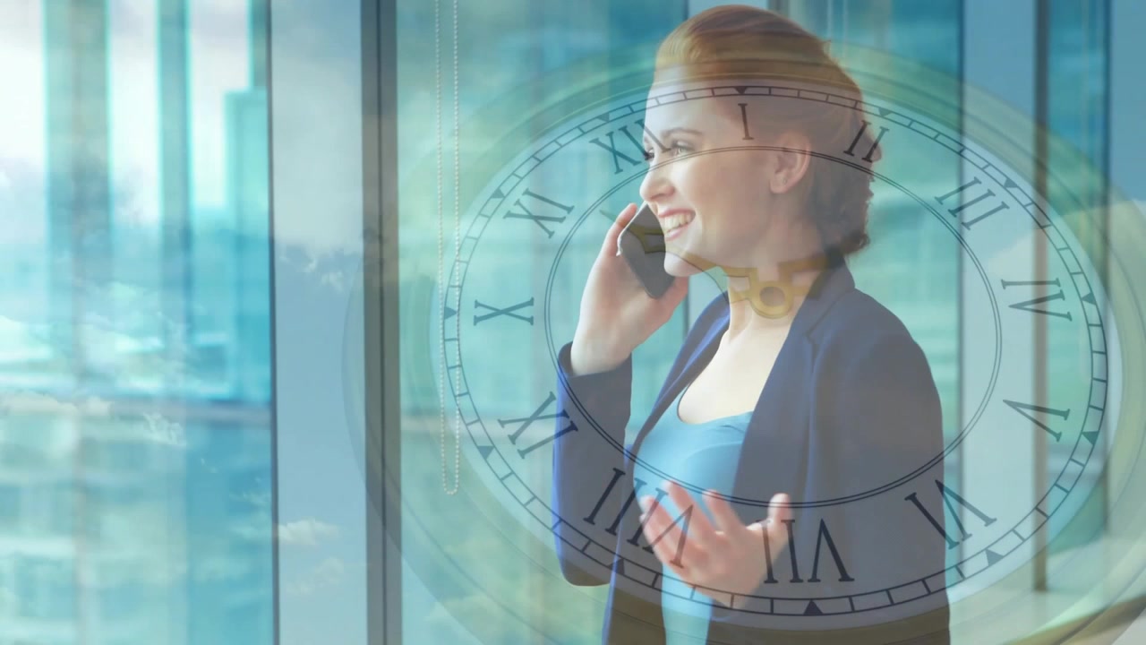Businesswoman Talking on Smartphone in Modern Office with Clock Overlay