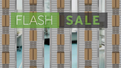 Animation-of-flash-sale-text-over-cardboard-boxes-on-conveyor-belts-in-warehouse