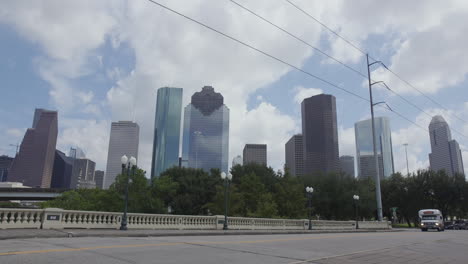 the skyline of houston texas from the sabine street bridge