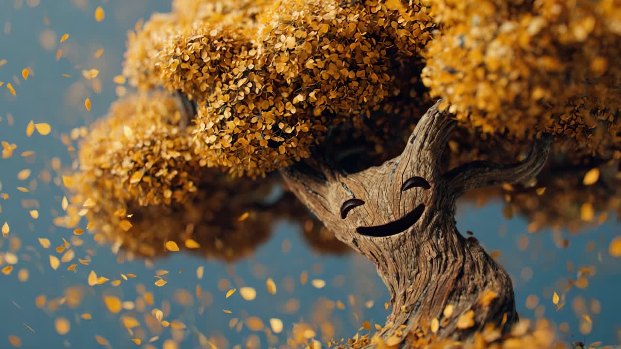 Whimsical Tree Character with Golden Leaves Playfully Dancing in a Gentle Breeze, Bringing Joy and Cheerfulness to Nature's Wonders