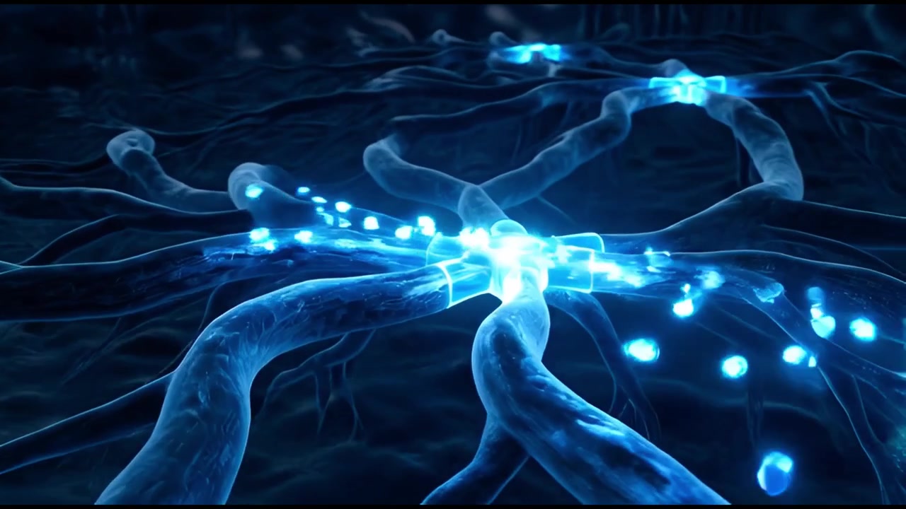 3D Animation of Neural Network with Glowing Blue Signals