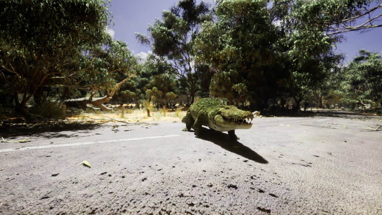 Crocodile basks silently on arid country road amid sparse trees
