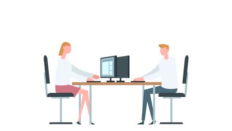 flat cartoon colorful woman and man characters animation. computer typing work office situation