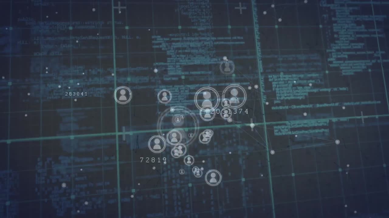 Animation of network of people icons and data processing
