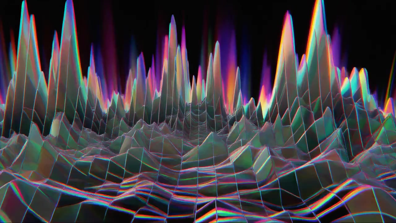 Abstract Digital Landscape with Glowing Neon Wireframe Peaks