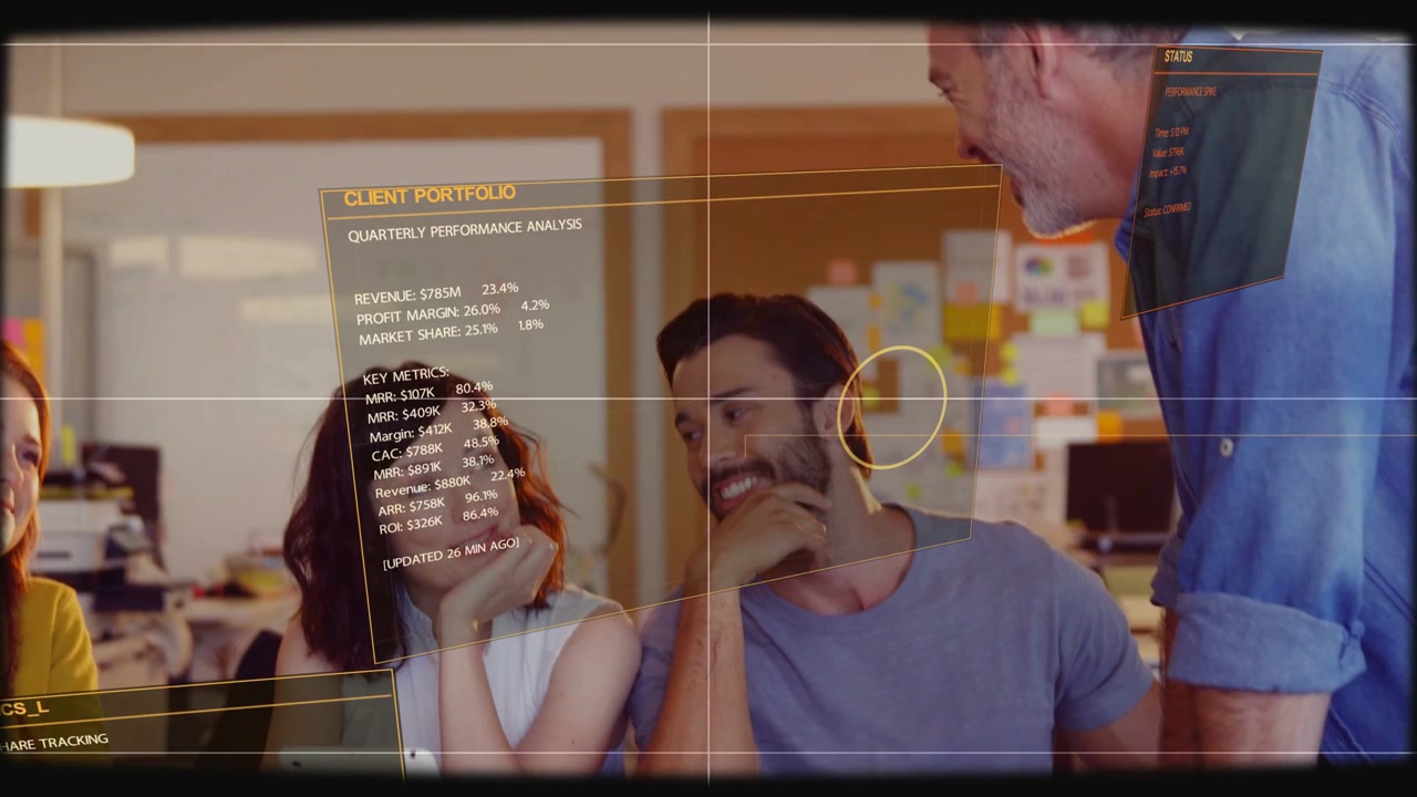 Lead entering team turning tablets clear HUD over group showing CLIENT PORTFOLIO data for marketing