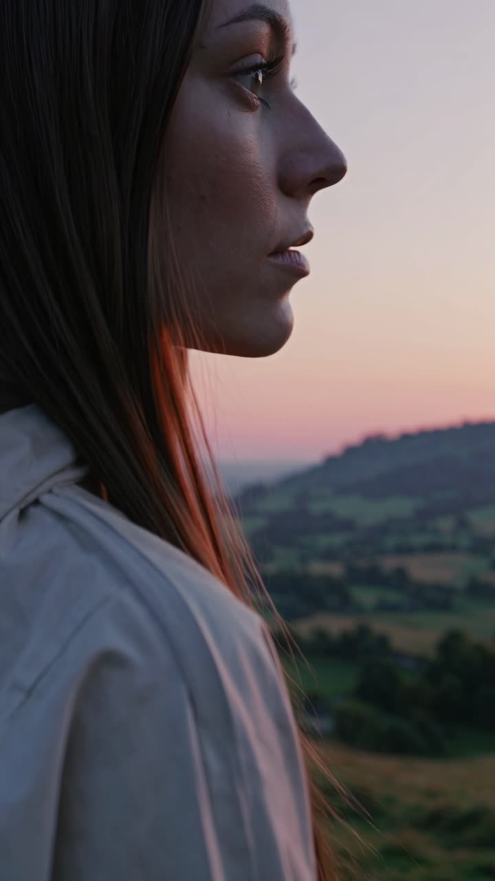 Profile view of a woman at sunset, capturing a serene landscape. The video uses a close-up angle