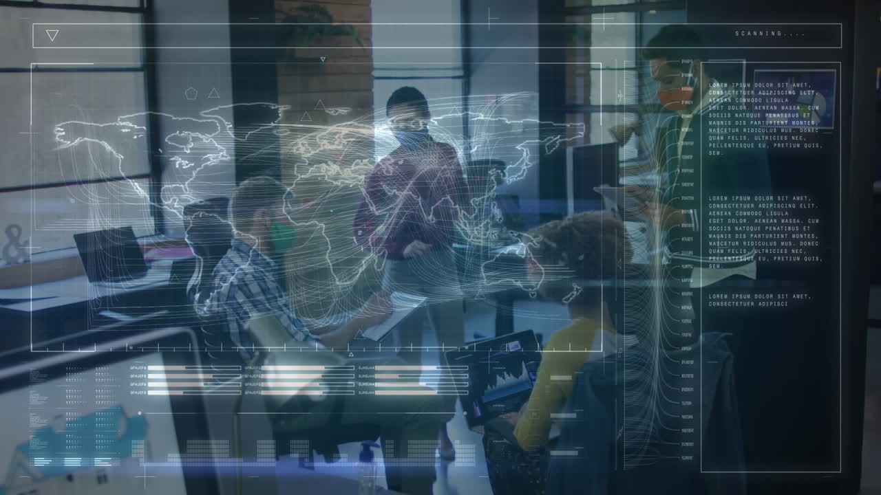 Animation of world map with data processing over diverse business people having meeting at office