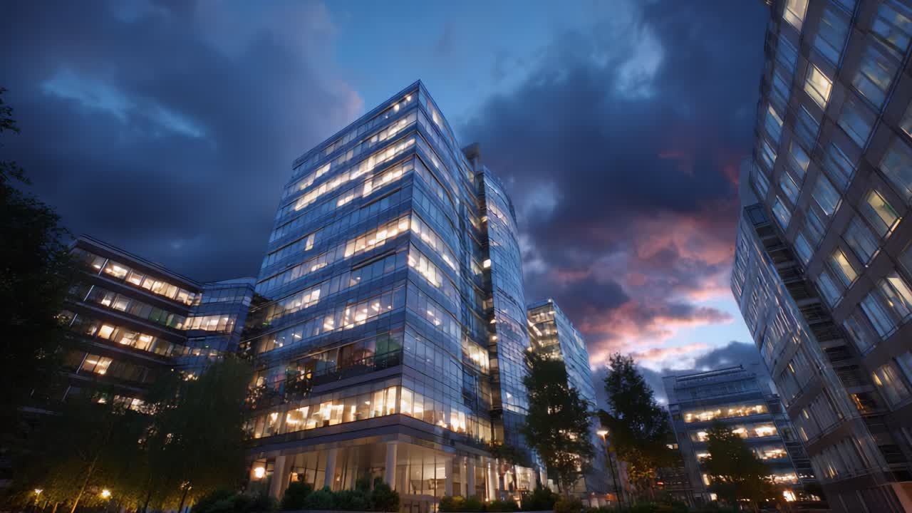 Paisagem urbana iluminada: uma vista noturna de edifícios de escritórios modernos sob céus crepusculares, mostrando arquitetura deslumbrante e a vida da cidade