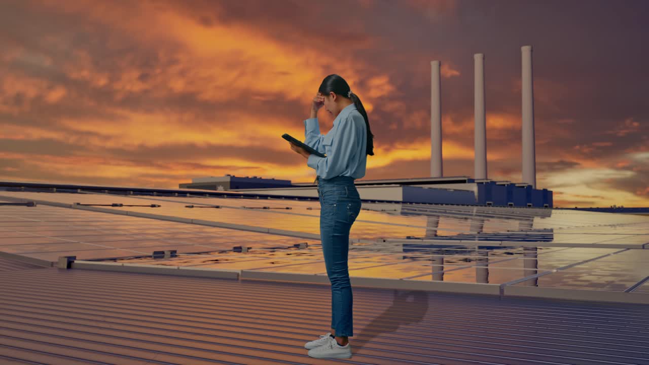 Vista lateral de cuerpo completo de una mujer asiática con su tableta, inspeccionando paneles solares en la azotea al atardecer, asiente con la cabeza decepcionada.