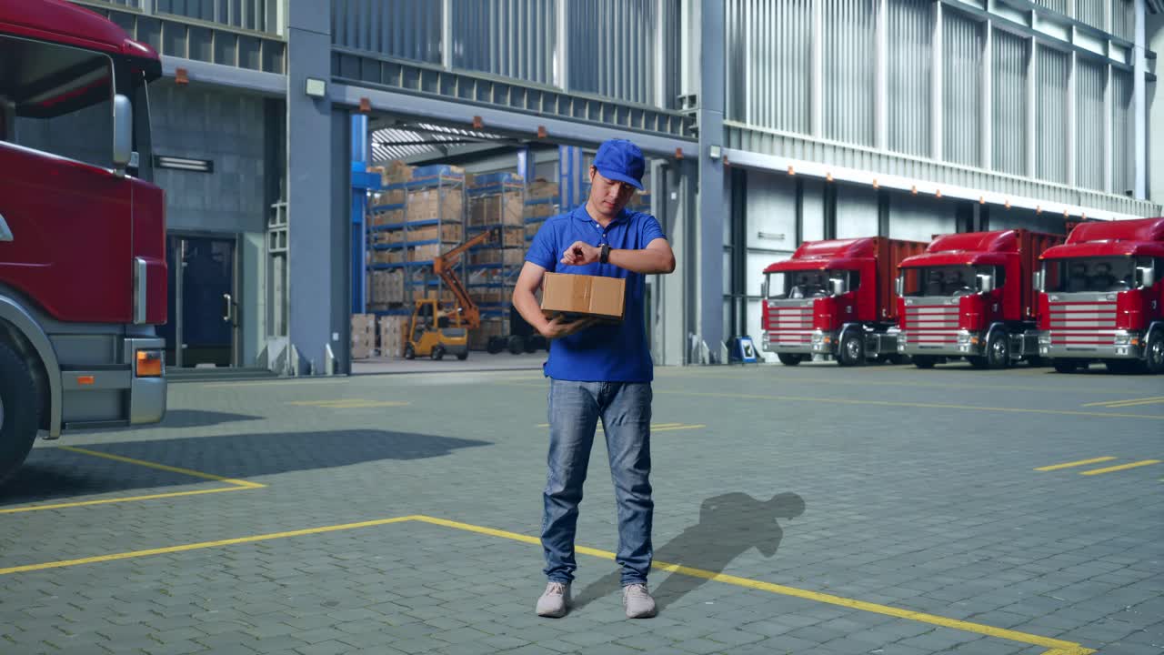 Full Body Of Asian male Courier In Blue Uniform checking time on his watch While Holding A Carton, Outside of Logistics Distributions Warehouse