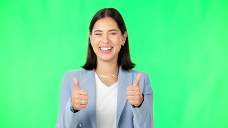 Happy-woman,-hands-and-thumbs-up-on-green-screen