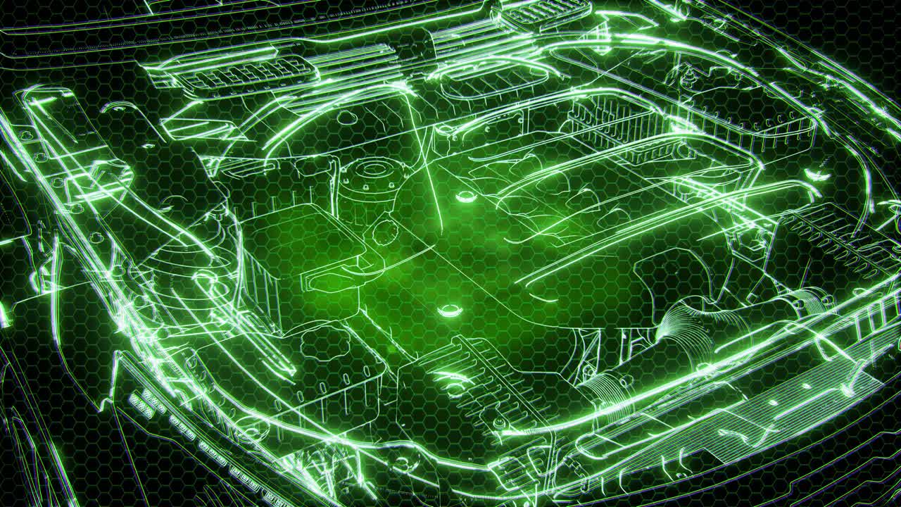 Holographic animation of 3D wireframe car model with engine