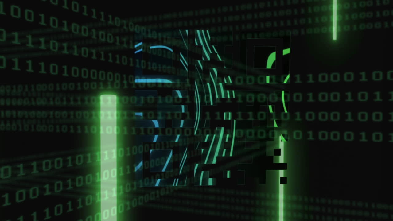 QR code scanner with neon elements against binary coding