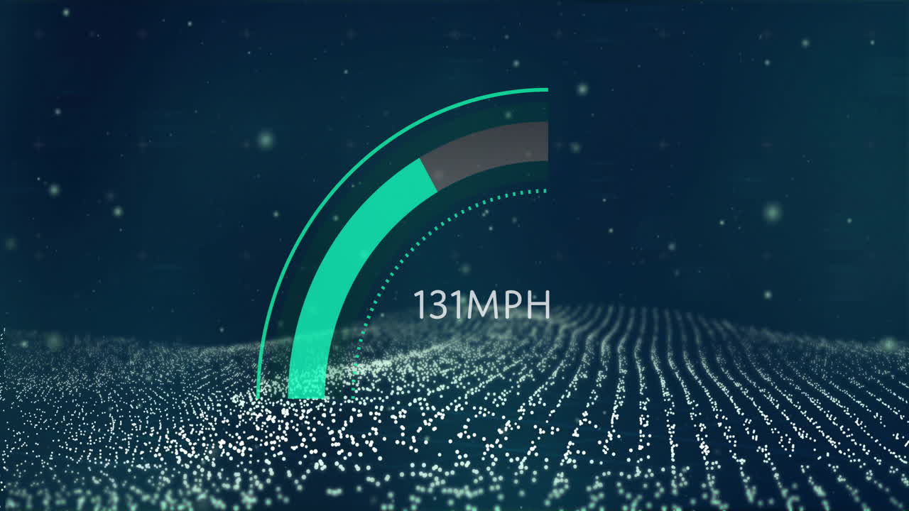 Speedometer animation showing 131 MPH over digital landscape with glowing dots