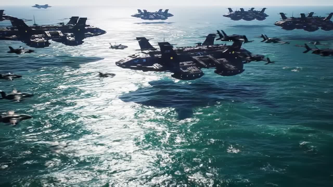 A Fleet of Advanced Aerial Vehicles Over a Serene Ocean Landscape: The Perfect Blend of Technology and Nature Captured in Stunning Visuals
