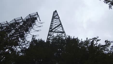 Duga-Antenna-At-The-Duga-Radar-Station-In-Chernobyl,-Pripyat,-Ukraine---low-angle-shot