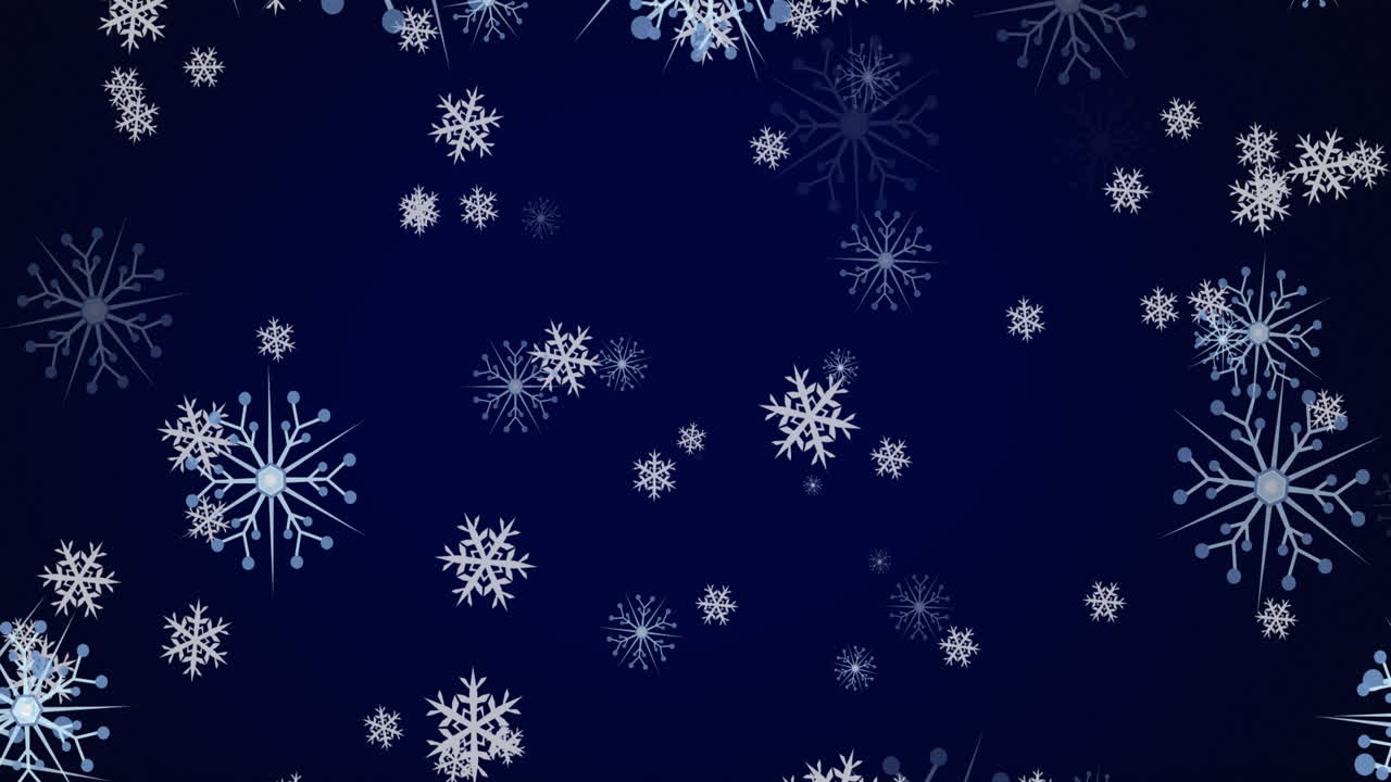Animation of christmas snowflakes falling on dark blue background