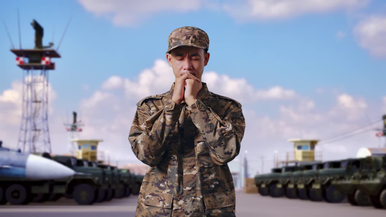hombre asiático uniforme de soldado del ejército orando en el campamento militar