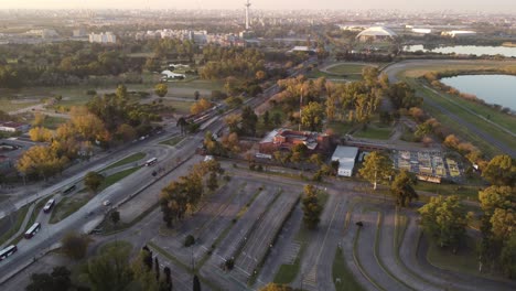 City-park-and-cityscape-at-sunset-in-Buenos-Aires-Province,-Argentina