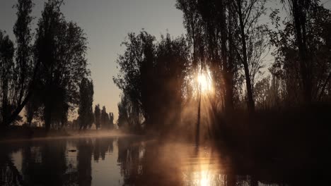 Winter-Sunrise-landscape-at-the-Xochimilco-canal,-Mexico