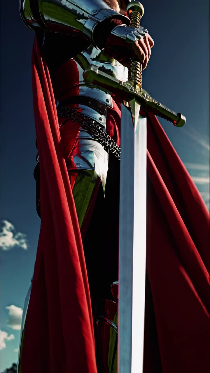 Low-angle shot of a knight in shining armor holding a sword, red cape flowing