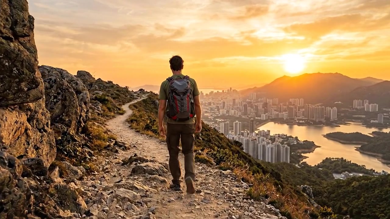 Escursionista che osserva l'alba su una valle di montagna