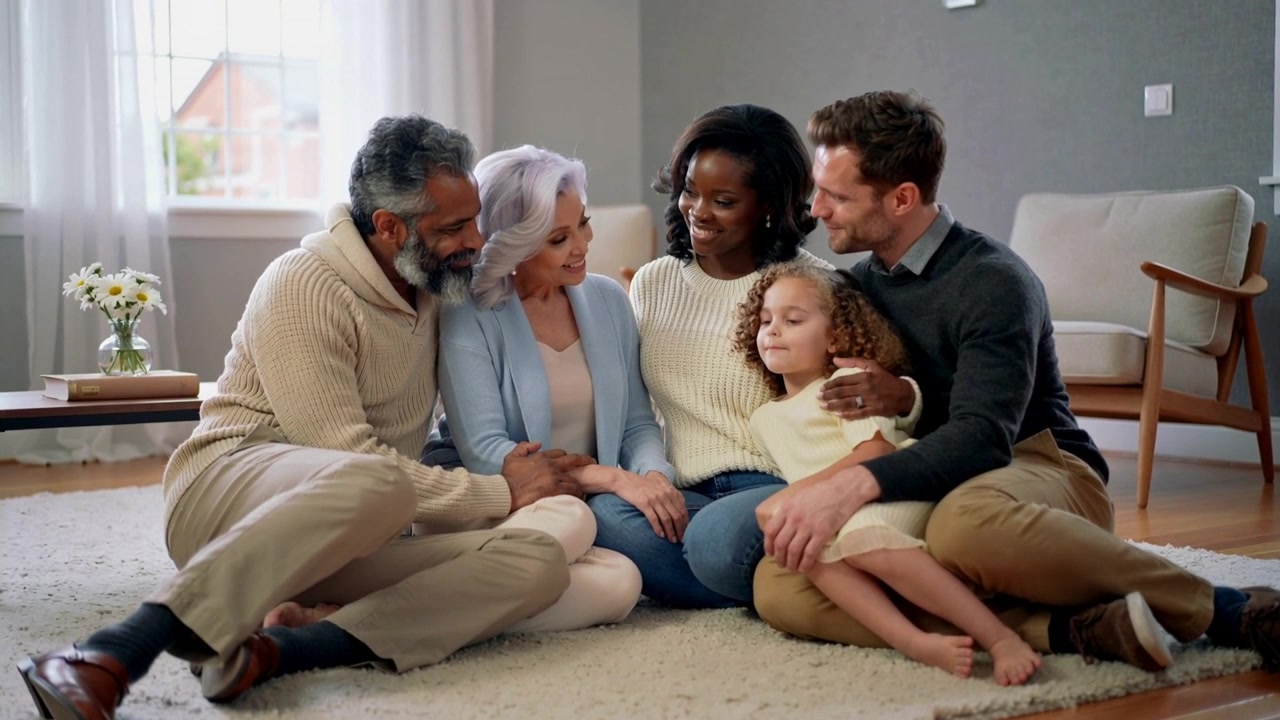 Leaning family members comforting child after child leaning, placing arms and holding hands on rug