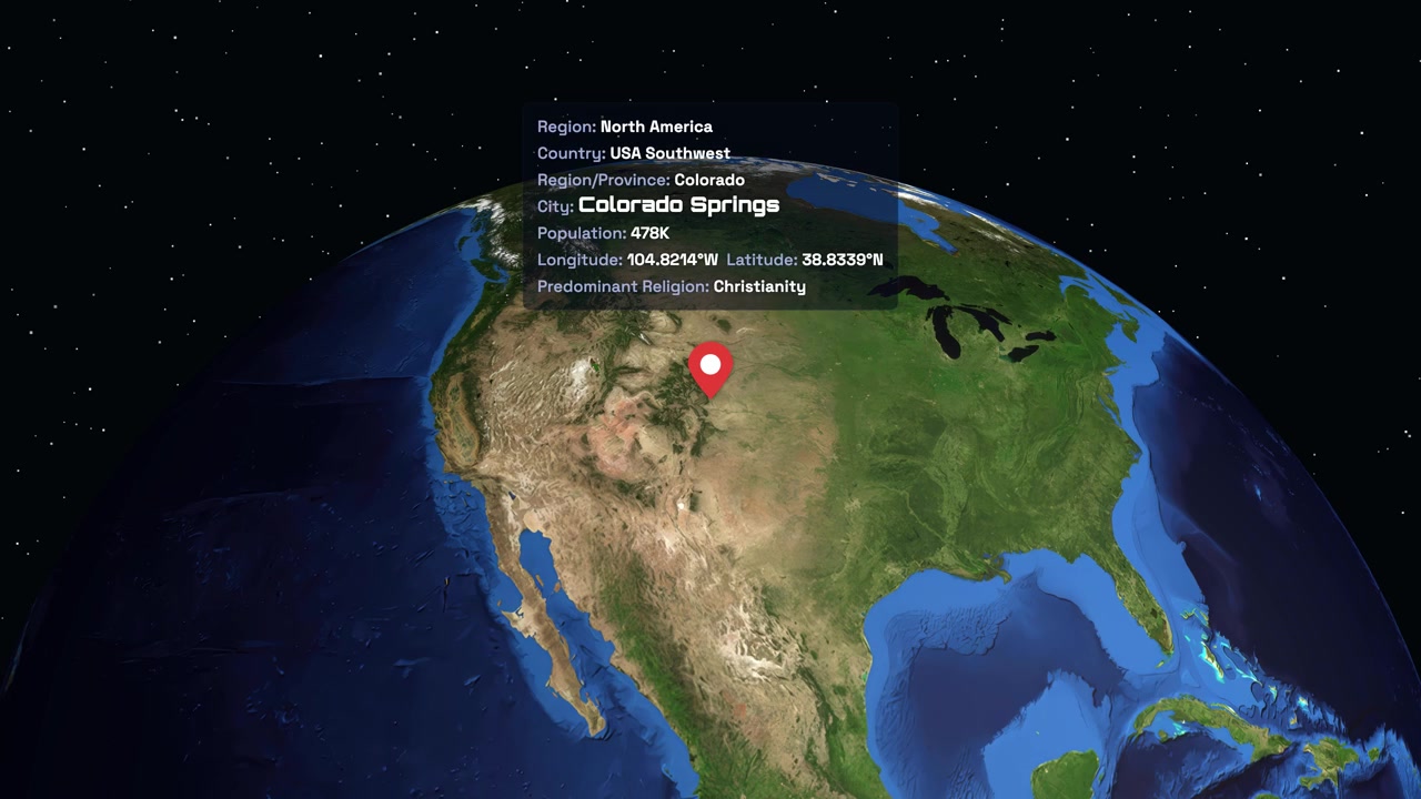 La Tierra digital gira y se acerca a América del Norte, destacando Colorado Springs con datos de ubicación.