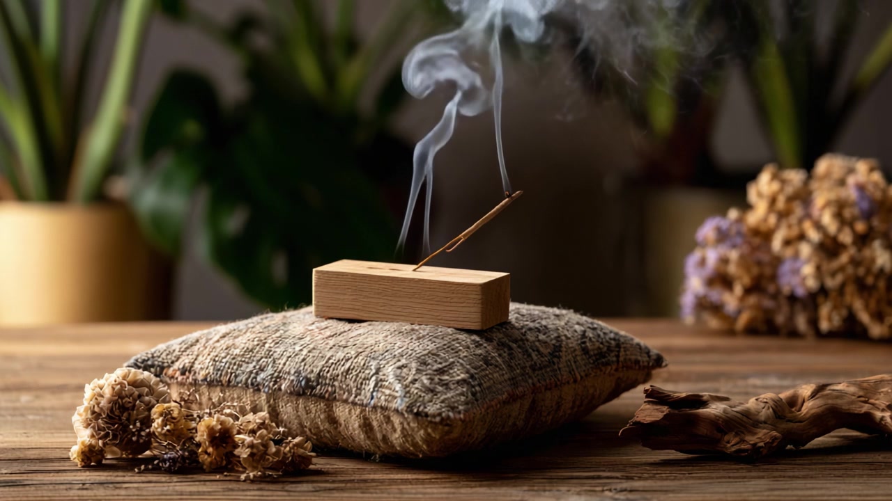Una atmósfera serena con incienso sobre un cojín decorativo, enfatizando el humo relajante y los elementos naturales para un ambiente de calma