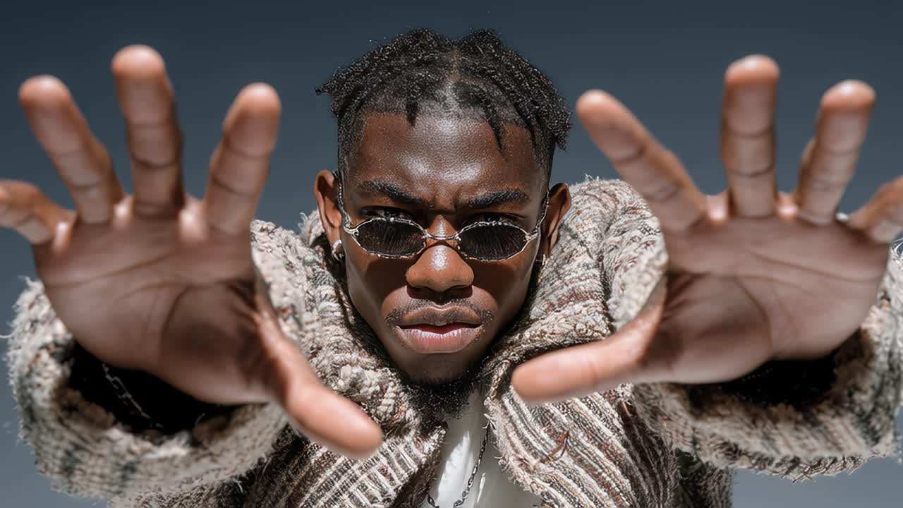 Stylish man making stop sign with hands in slow motion