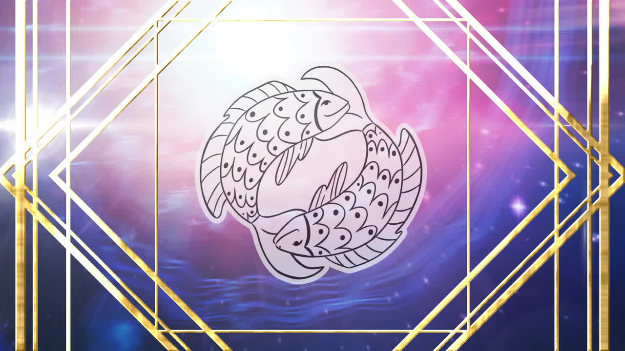 Animation of pisces sign and glowing light spots moving over gold pattern background