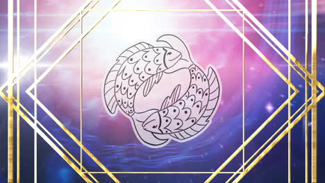animation of pisces sign and glowing light spots moving over gold pattern background