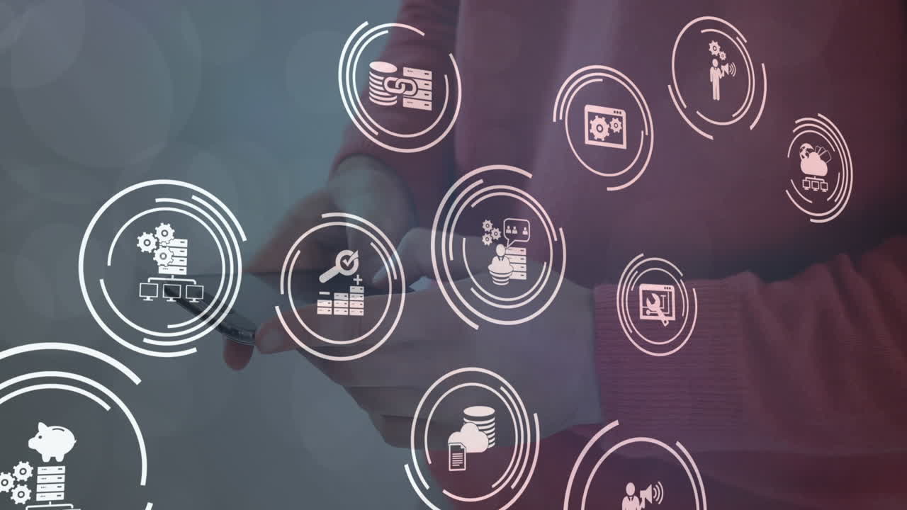 animación de iconos digitales contra la sección media de un hombre que usa un teléfono inteligente