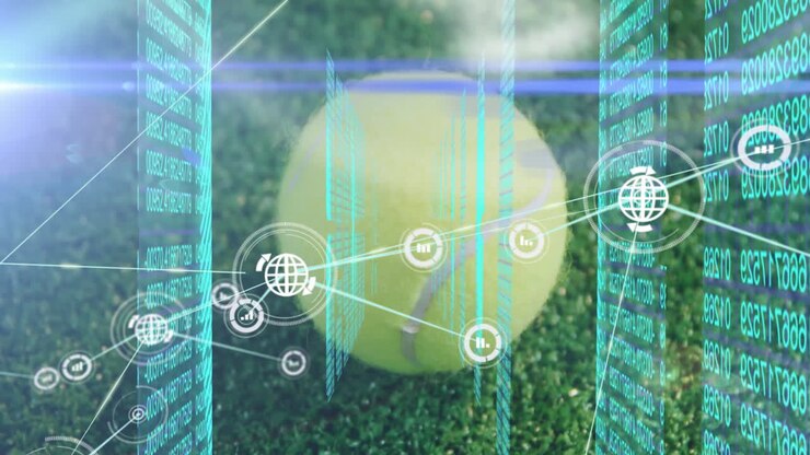 Floating holographic panels circling tennis ball on grass court projecting network lines and charts