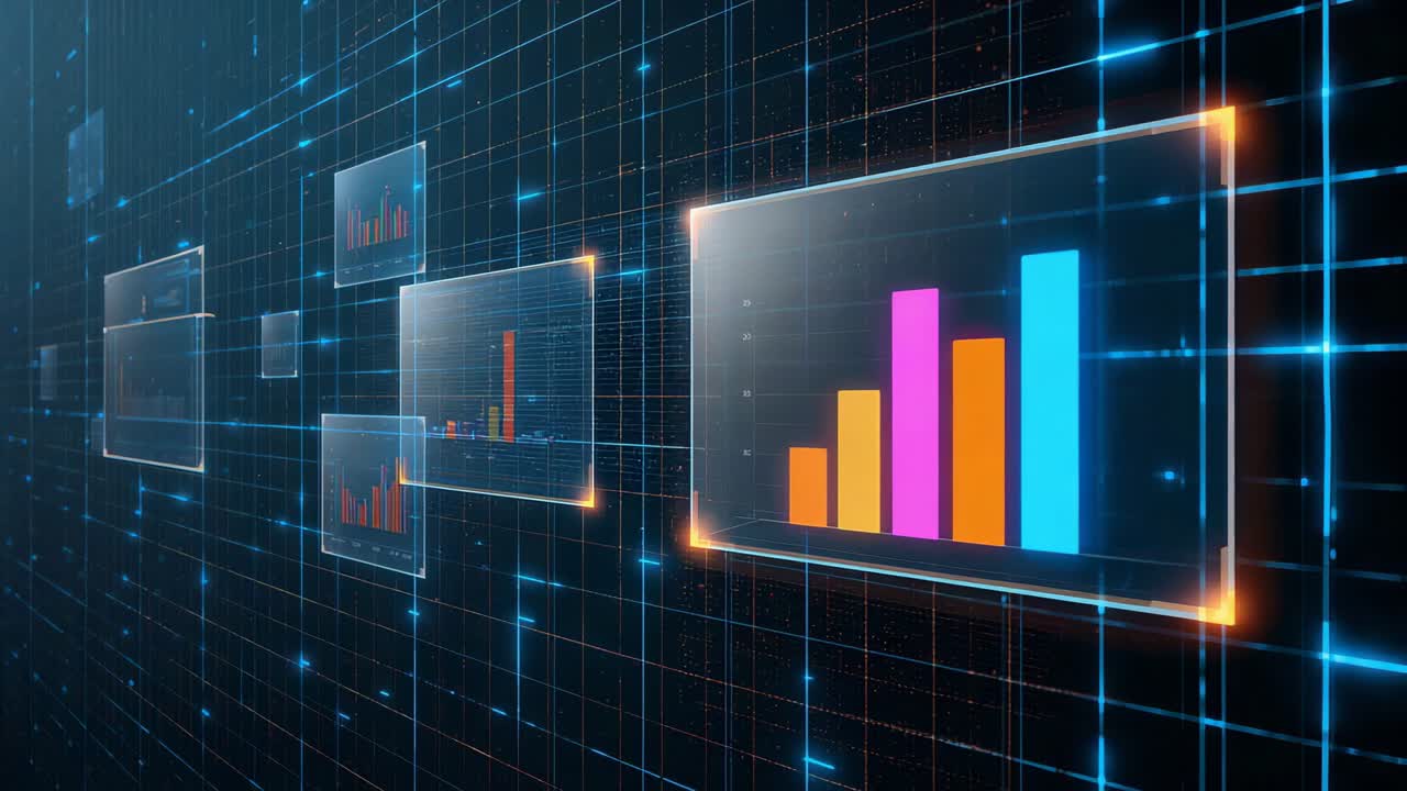 Panning camera revealing glass panels shifting through data corridor, highlighting colorful bars